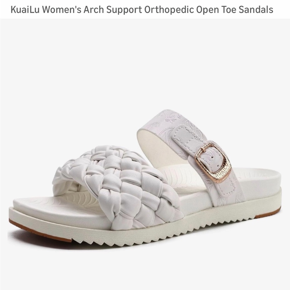 KuaiLu White Braided Slide Sandals with Decorative Buckle